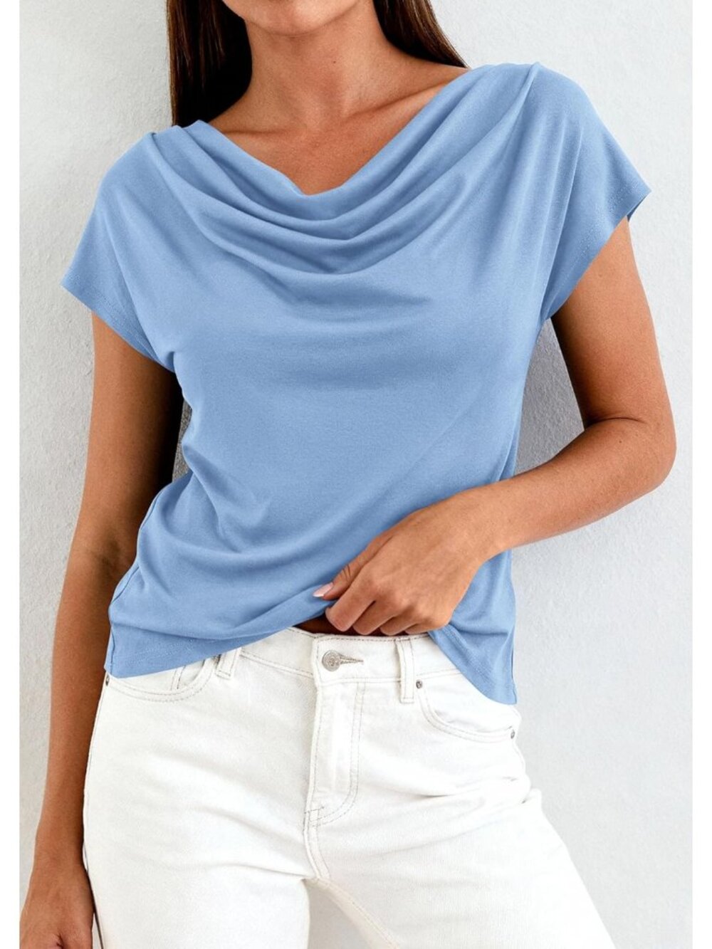 Women's Blouses Dressy Light Blue Casual Summer Cowl Neck Short Sleeves Tops - Picture 3 of 6